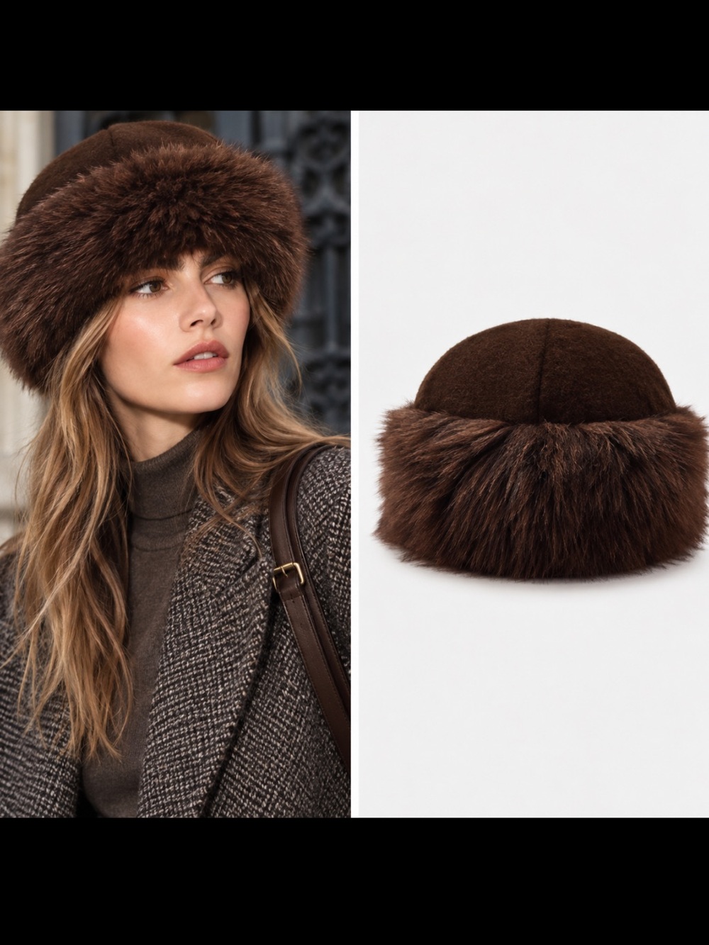 Zara NWT faux fur cuffed hat brown 3739/263
